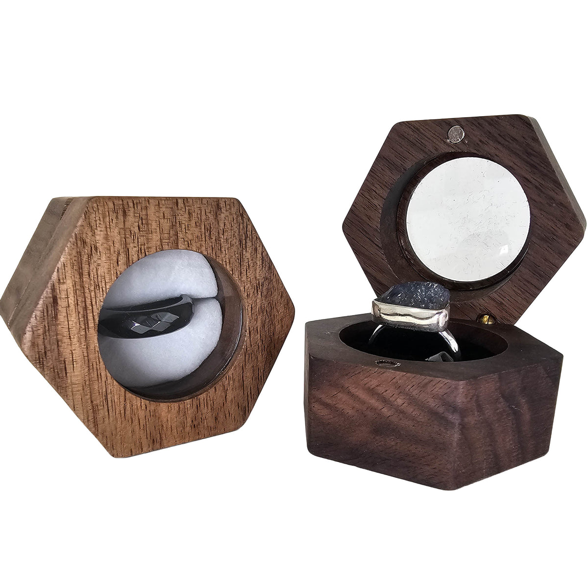 Wood hexagon ring box – open and closed box