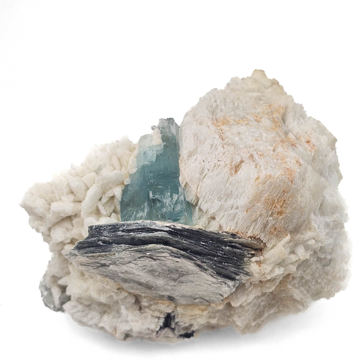 Aquamarine (Beryl) on Feldspar (Microcline) specimen from Shigar Valley, Skardu District, Gilgit-Baltistan, Pakistan.