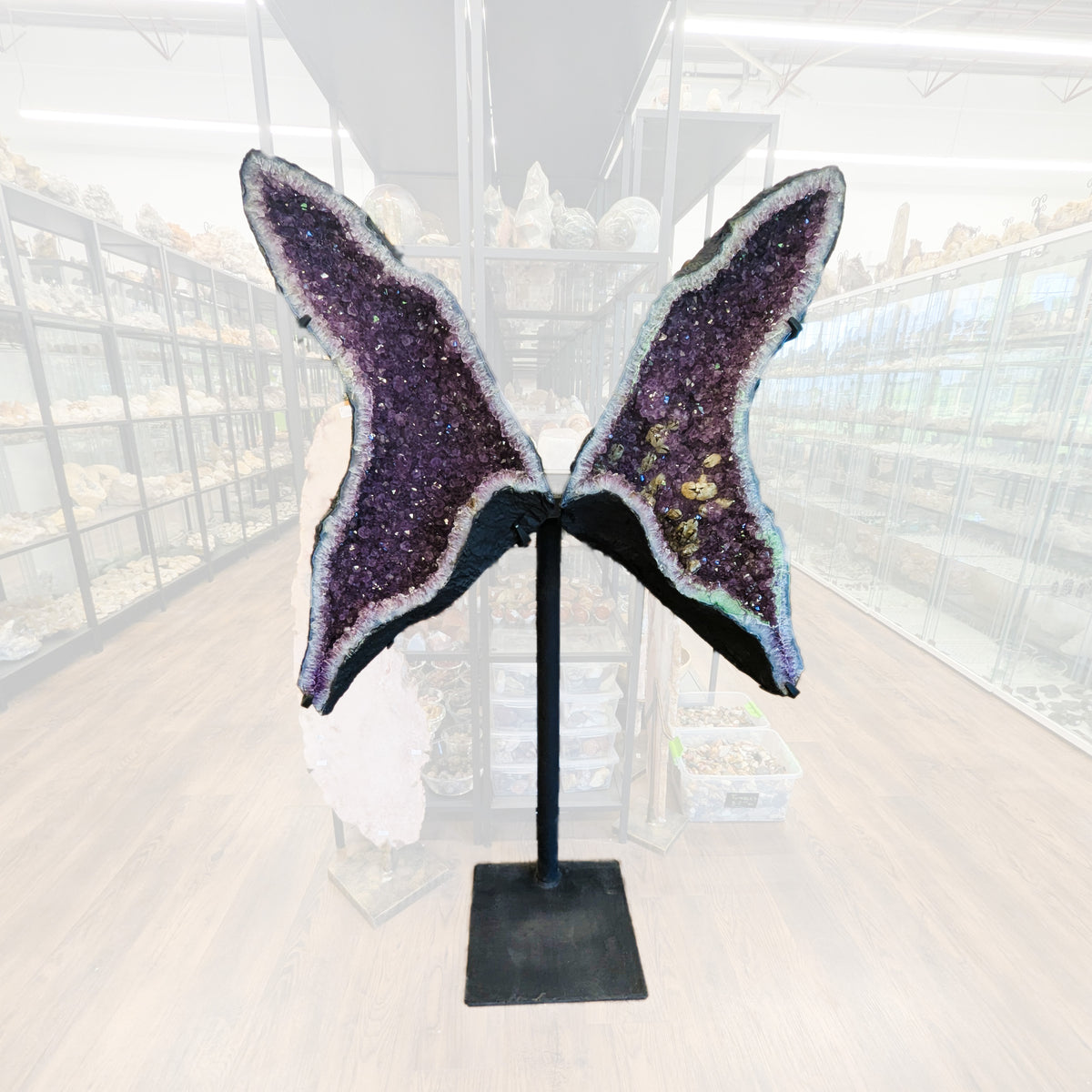 Amethyst butterfly geode on stand statement specimen, a variety of quartz, from Ametista do Sul, Rio Grande do Sul, Brazil.