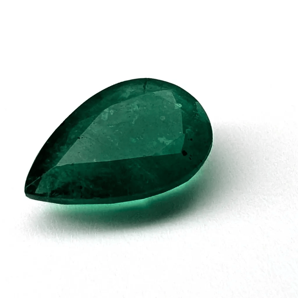 Emerald faceted pear cut gemstone, 2.57ct, rotating view