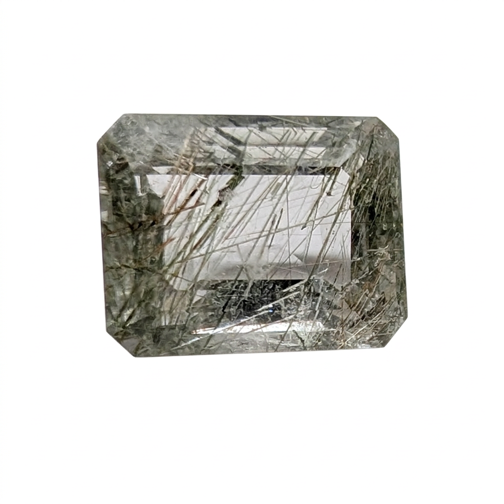 Actinolite quartz faceted emerald gemstone, 9.13ct, from Mount Breakenridge, Harrison Lake, BC, Canada, on a white background, view 1 of 11