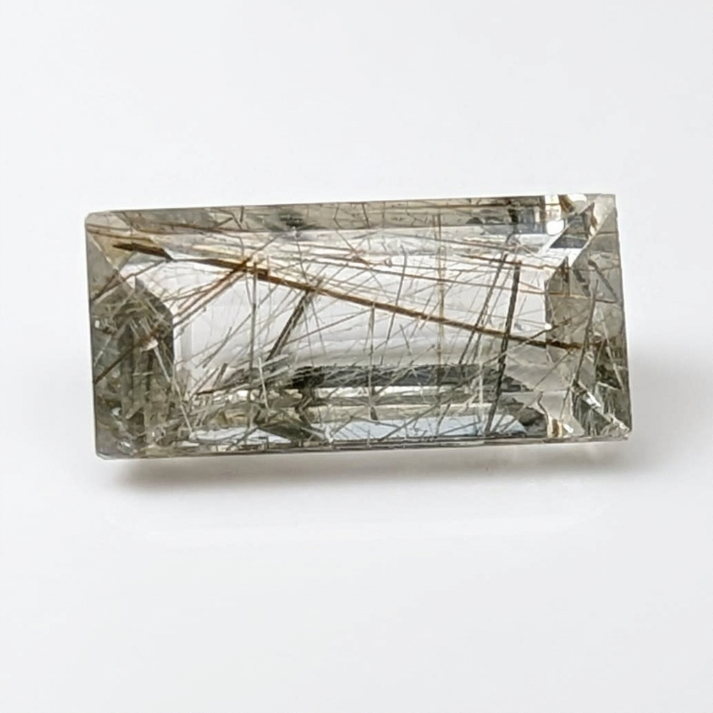 Actinolite quartz faceted baguette gemstone, 2.95ct, from Mount Breakenridge, Harrison Lake, BC, Canada, on a white background, view 1 of 10