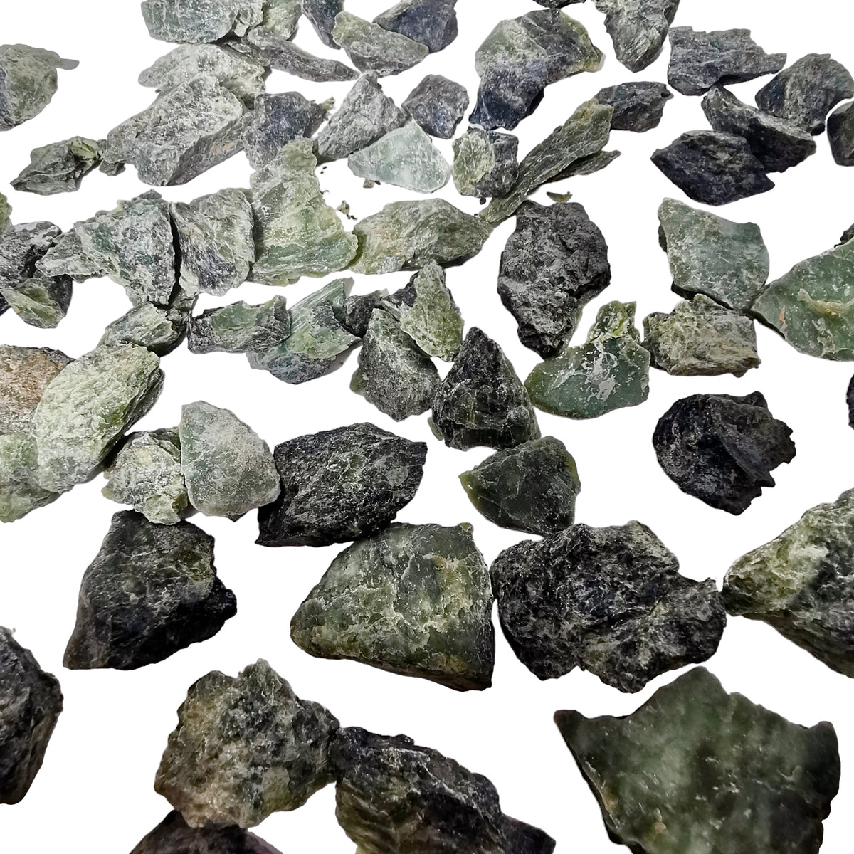 Serpentine specimen from Gold Bridge, BC – spread of rough pieces
