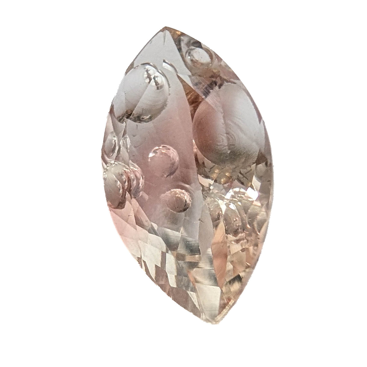 Sunstone faceted marquise fantasy cut gemstone, 2.43ct, on a white background, view 1 of 12