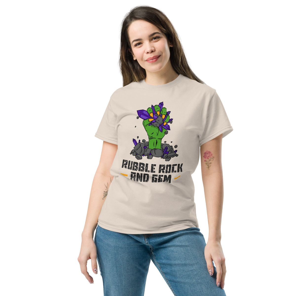 Rubble Rock and Gem classic logo tee – worn by woman, front