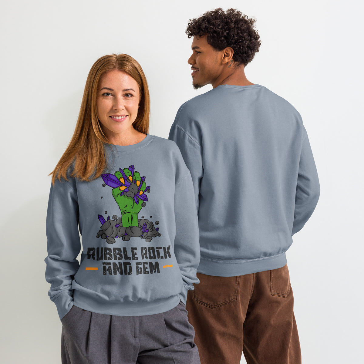 Unisex garment dyed fleece crewneck sweatshirt with the classic logo.