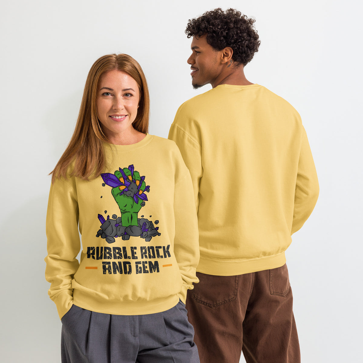 Unisex garment dyed fleece crewneck sweatshirt with the classic logo.