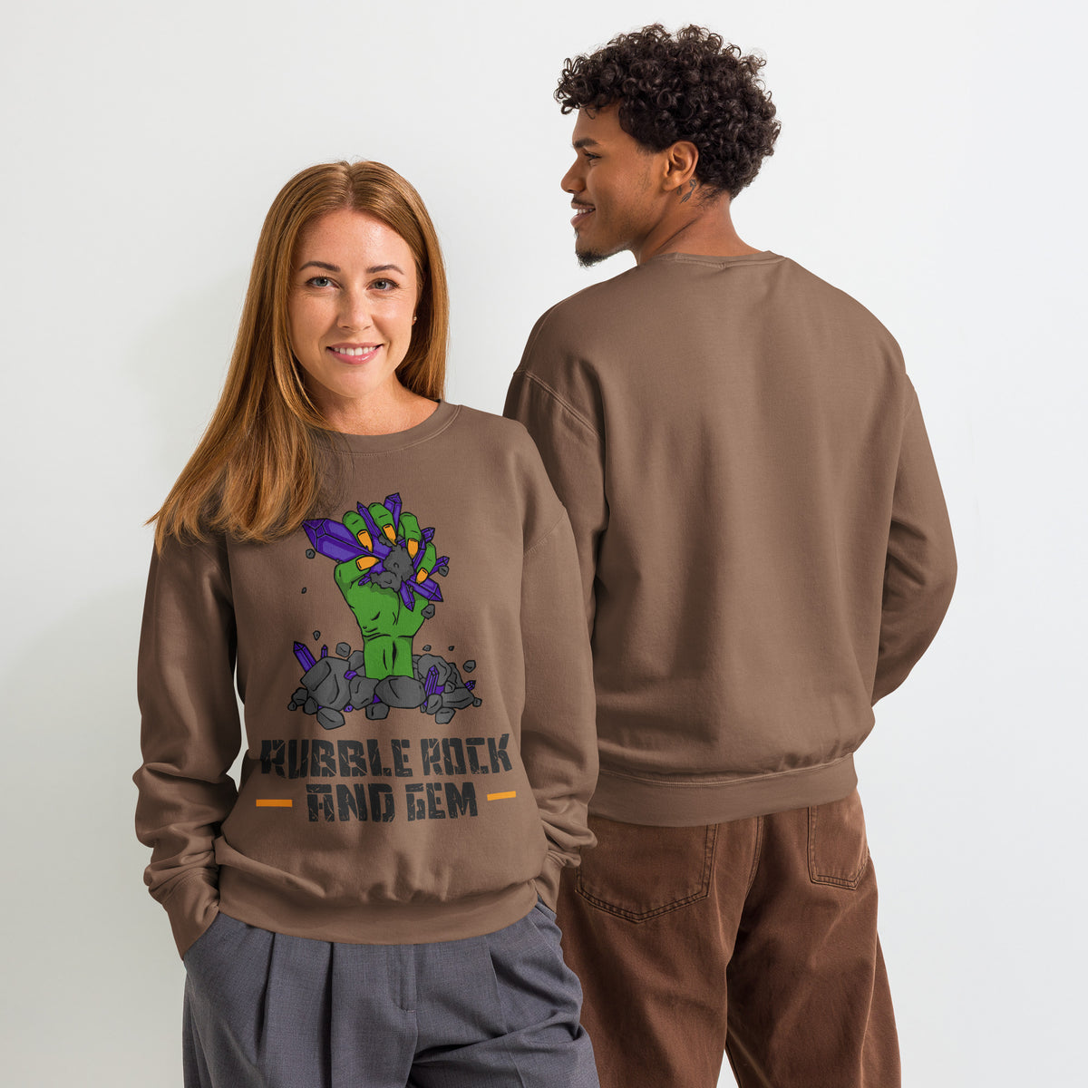 Unisex garment dyed fleece crewneck sweatshirt with the classic logo.