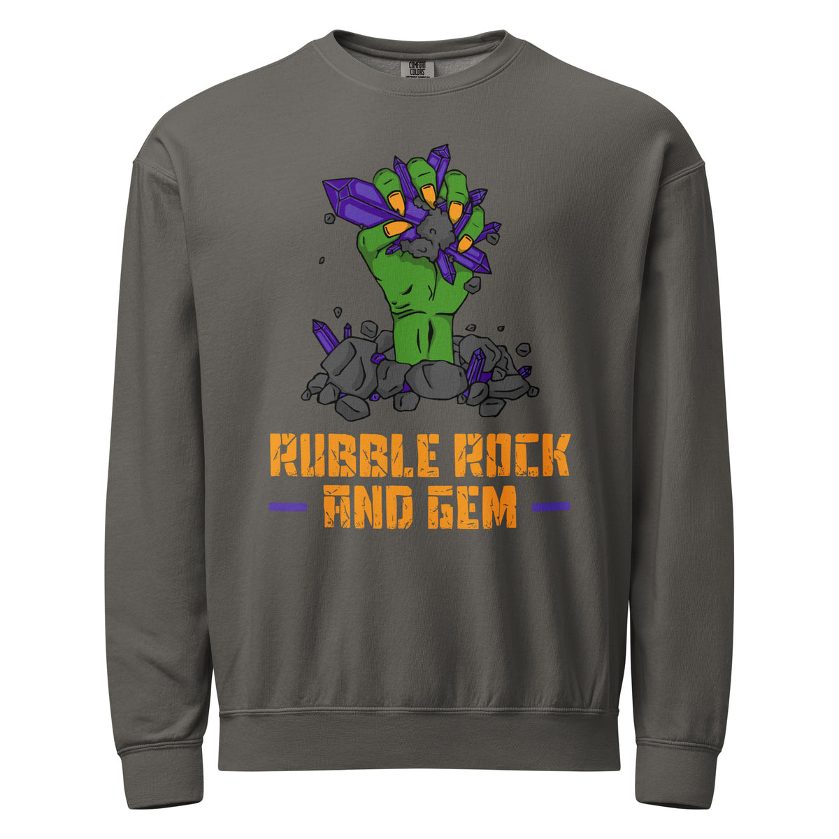 Unisex garment dyed fleece crewneck sweatshirt with the classic logo.