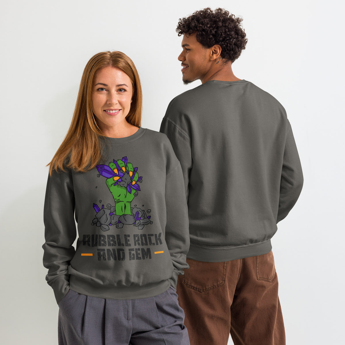 Unisex garment dyed fleece crewneck sweatshirt with the classic logo.