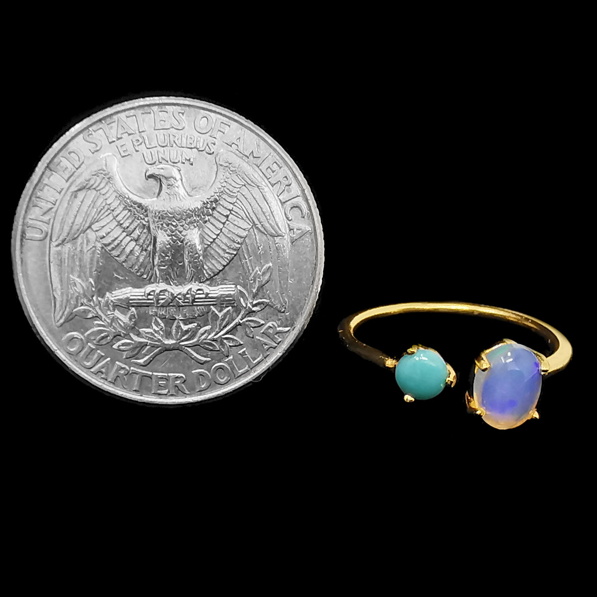 10kt gold plated opal and turquoise ring – ring beside a coin for scale
