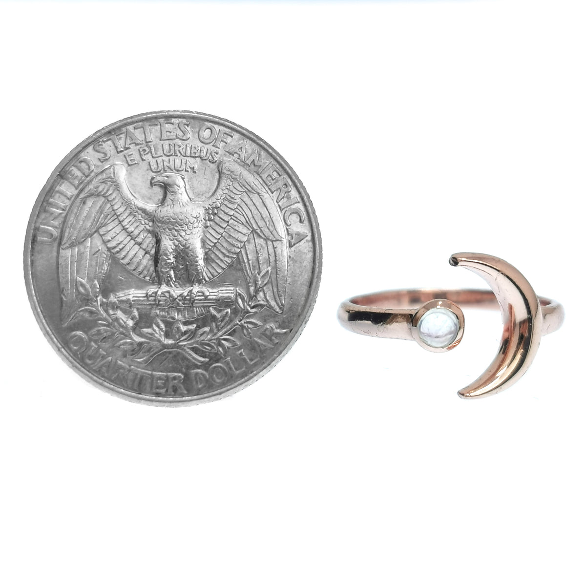 10kt Rose Gold Plated Moon ring in 10kt rose gold-plated sterling silver with Rainbow Moonstone (mined in India).