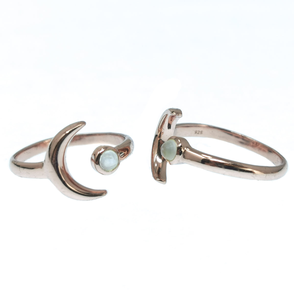 10kt Rose Gold Plated Moon ring in 10kt rose gold-plated sterling silver with Rainbow Moonstone (mined in India).