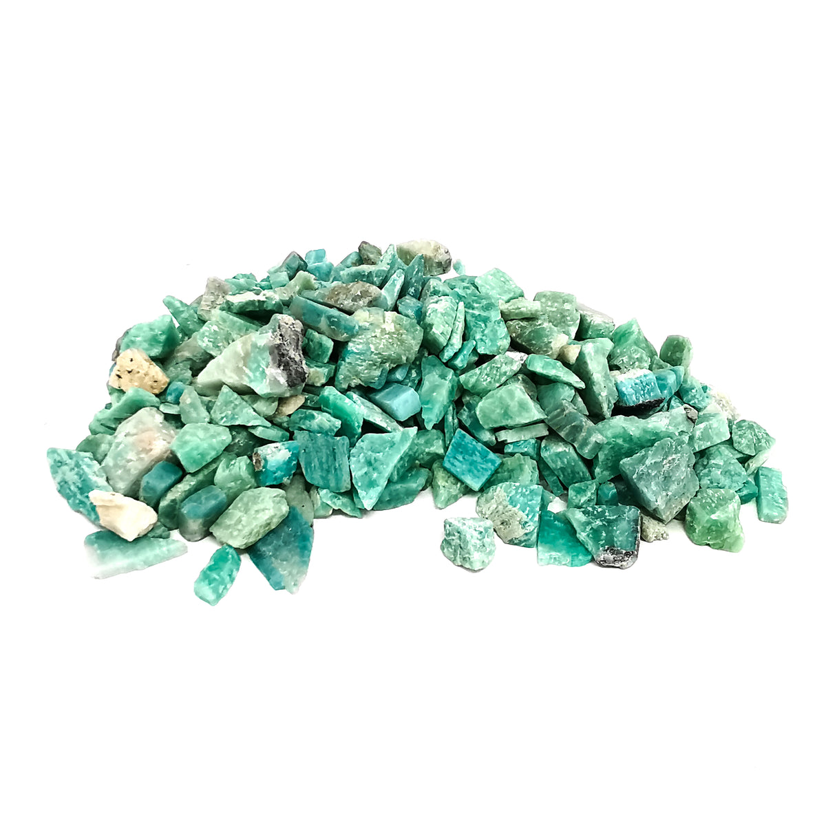 Amazonite Chips rough, a variety of microcline feldspar, from Brazil.