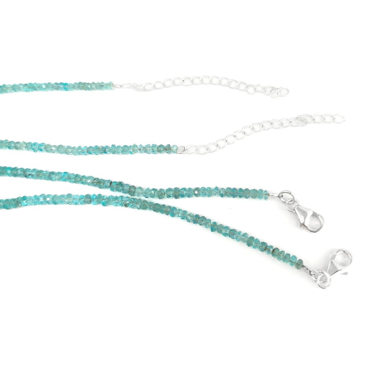 Blue Apatite facet bead necklace in sterling silver and steel wire.