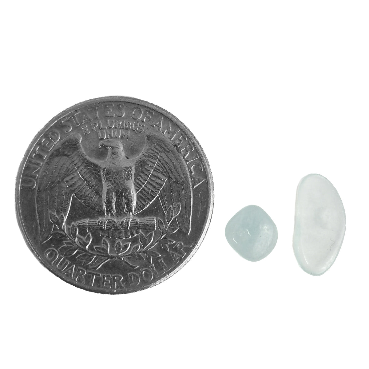 Mini aquamarine tumble, Pakistan: tumble beside a coin