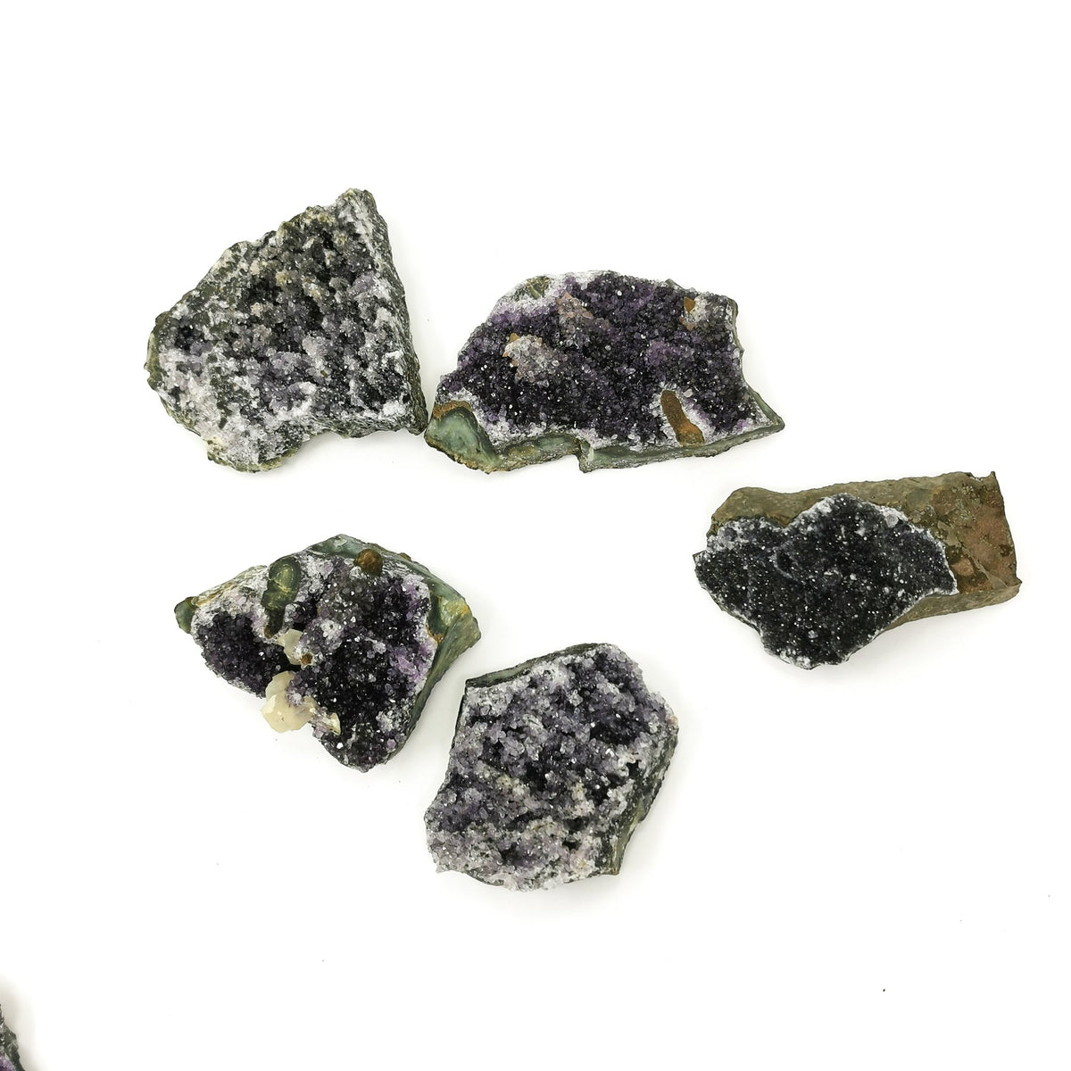 Black amethyst druzy from Uruguay – five specimens