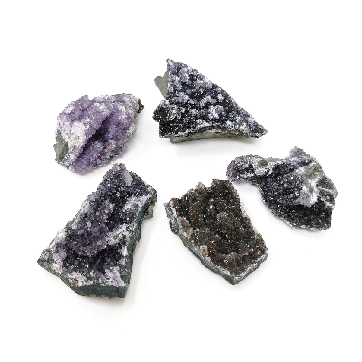 Black amethyst druzy from Uruguay – group with purple druzy