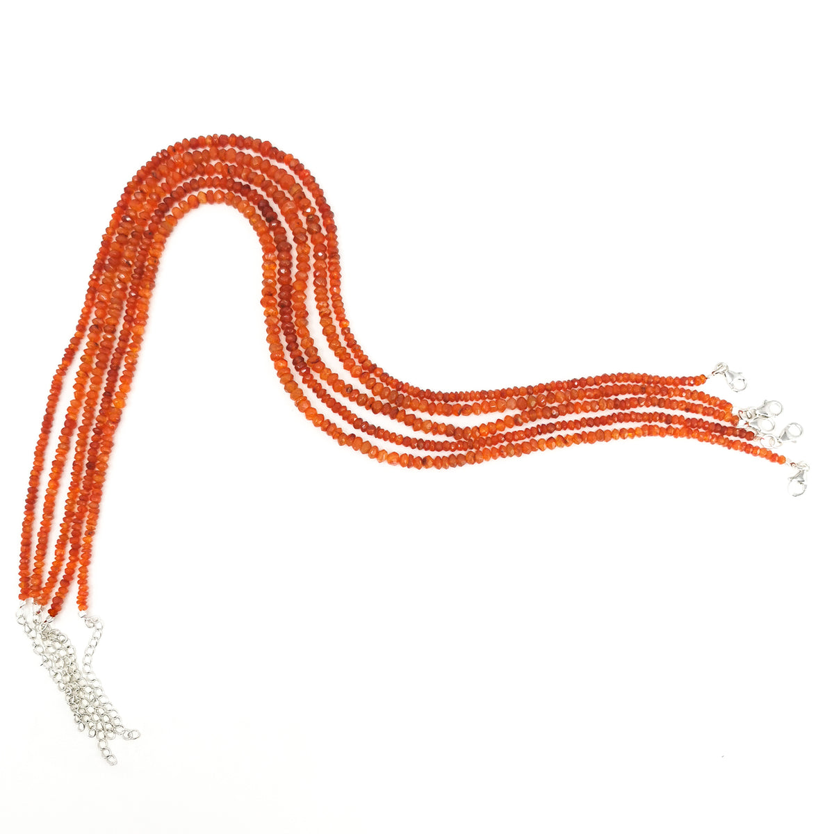 Carnelian facet bead necklace in sterling silver and steel wire.