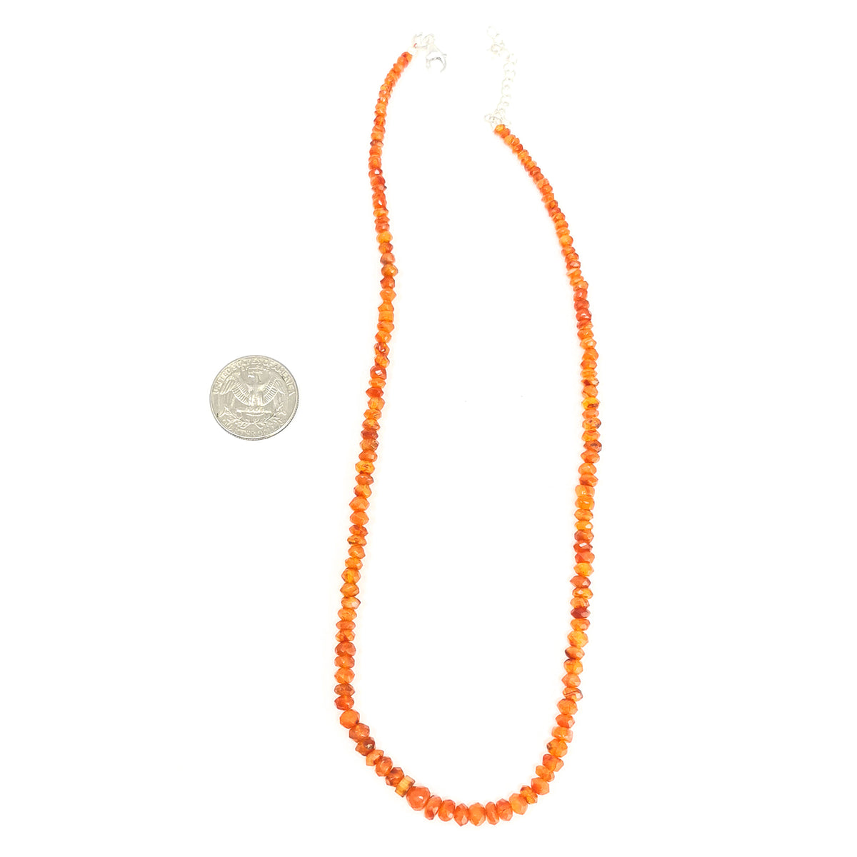 Carnelian facet bead necklace in sterling silver and steel wire.
