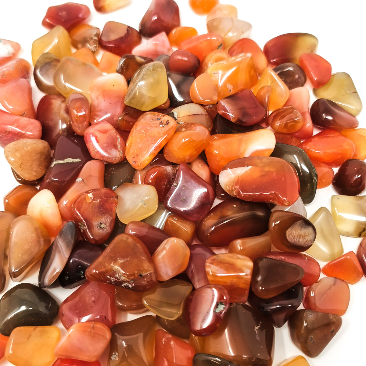 Carnelian A-grade tumble, a variety of chalcedony, from Ambato-Boeni District, Mahajanga Province, Madagascar.