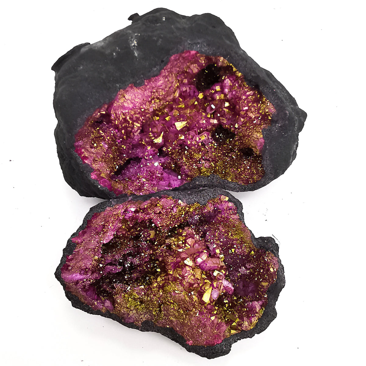 Dyed pink geode pair from Morocco – two open halves