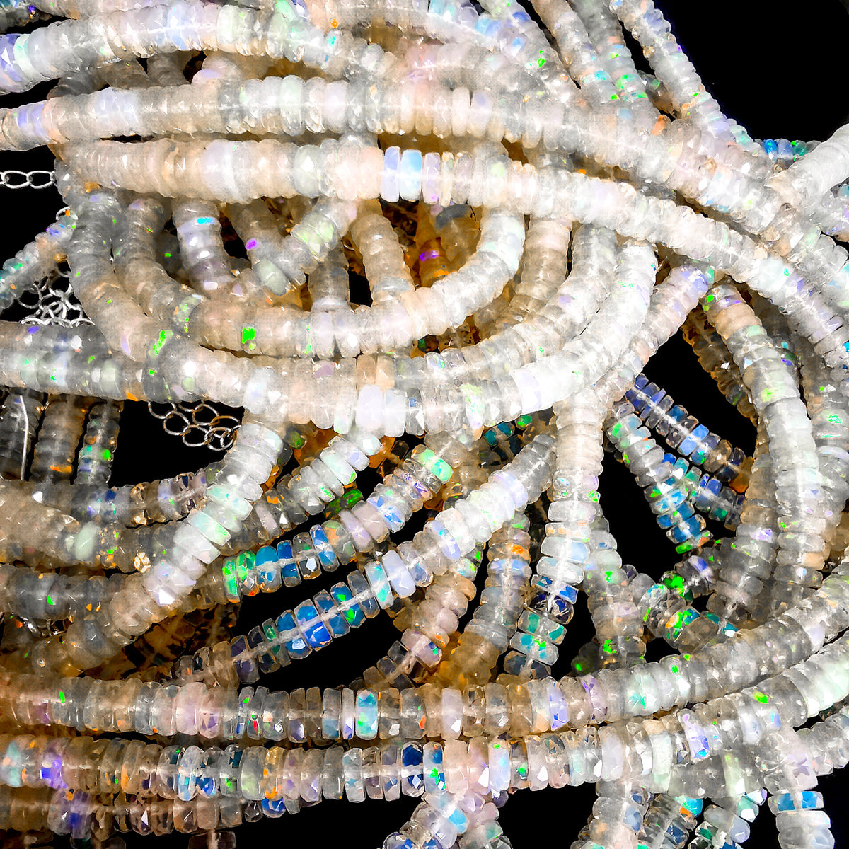 Ethiopian Opal White facet bead necklace in steel wire.