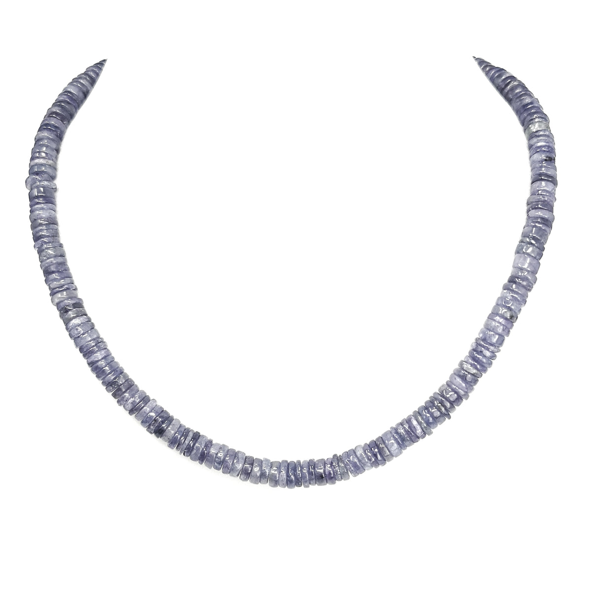 Wheel Shape facet bead necklace in sterling silver and steel wire.