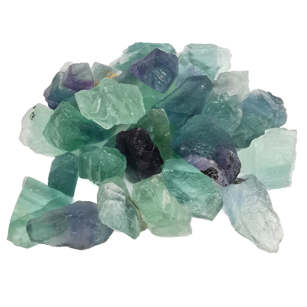 Rainbow fluorite, Mexico: mixed handful of rough specimens