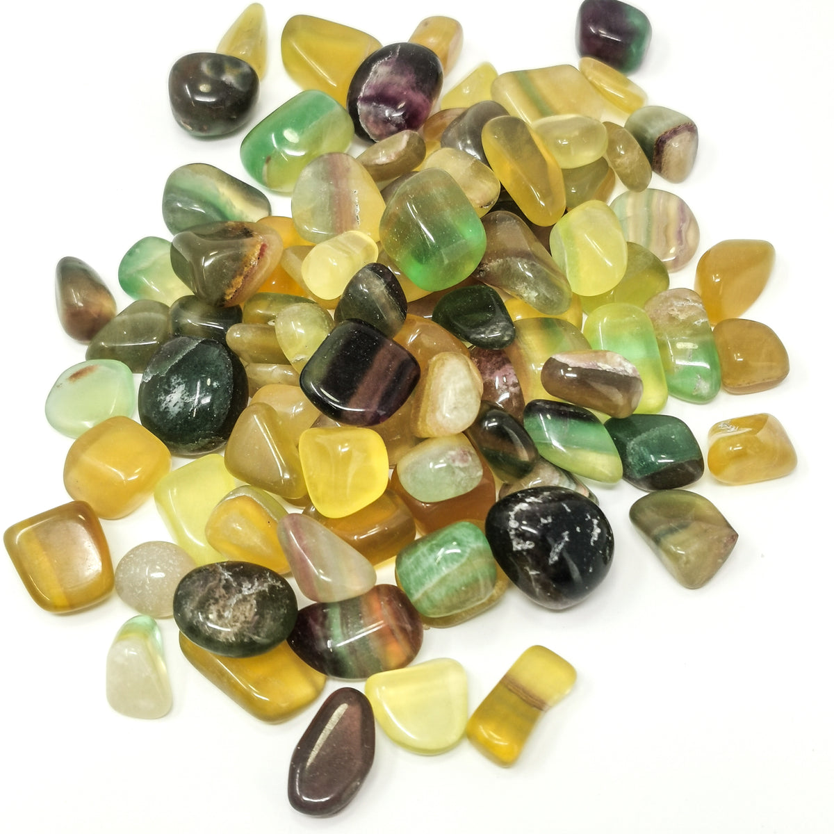 Rainbow fluorite tumble from China – pile of tumbles