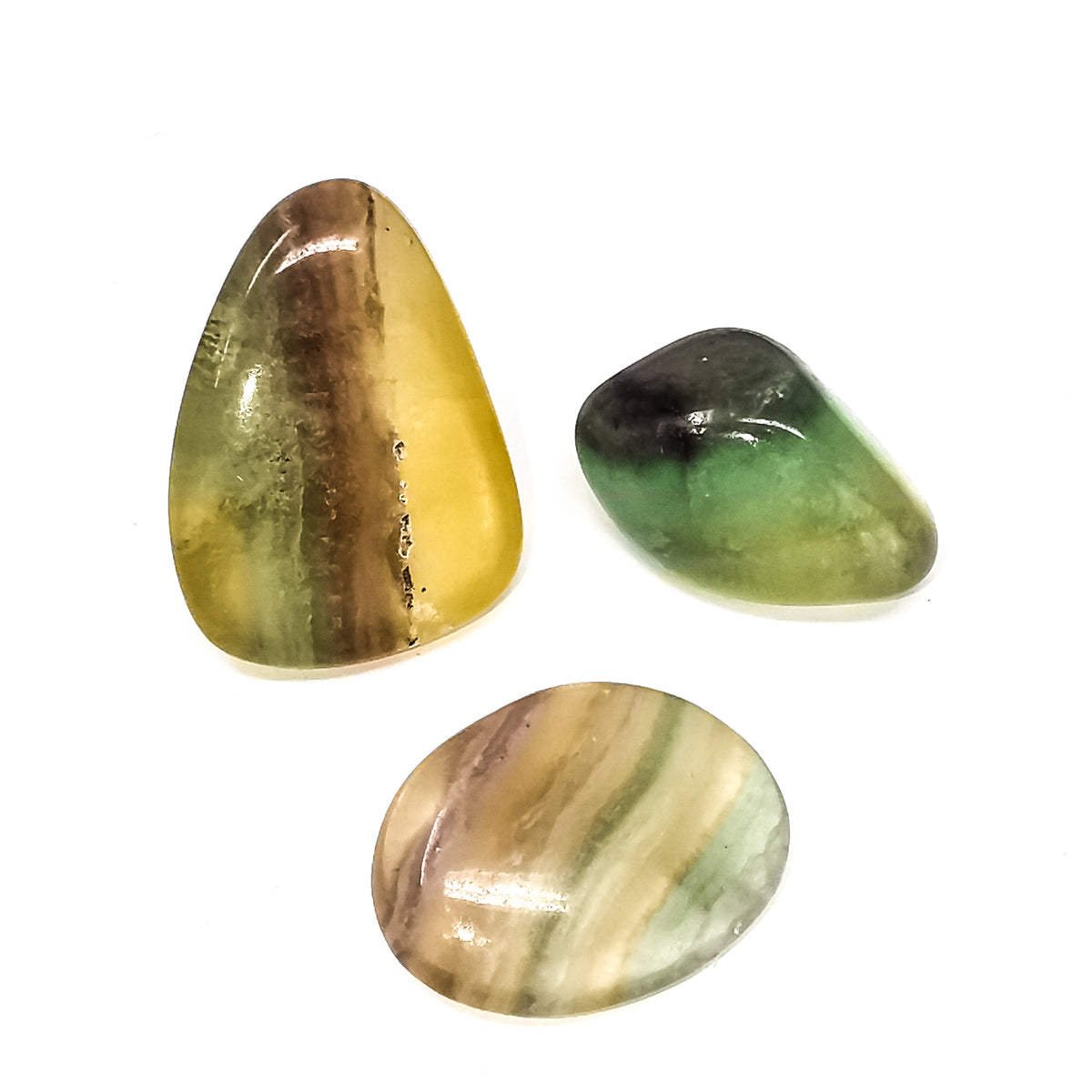 Rainbow fluorite tumble from China – three tumbles