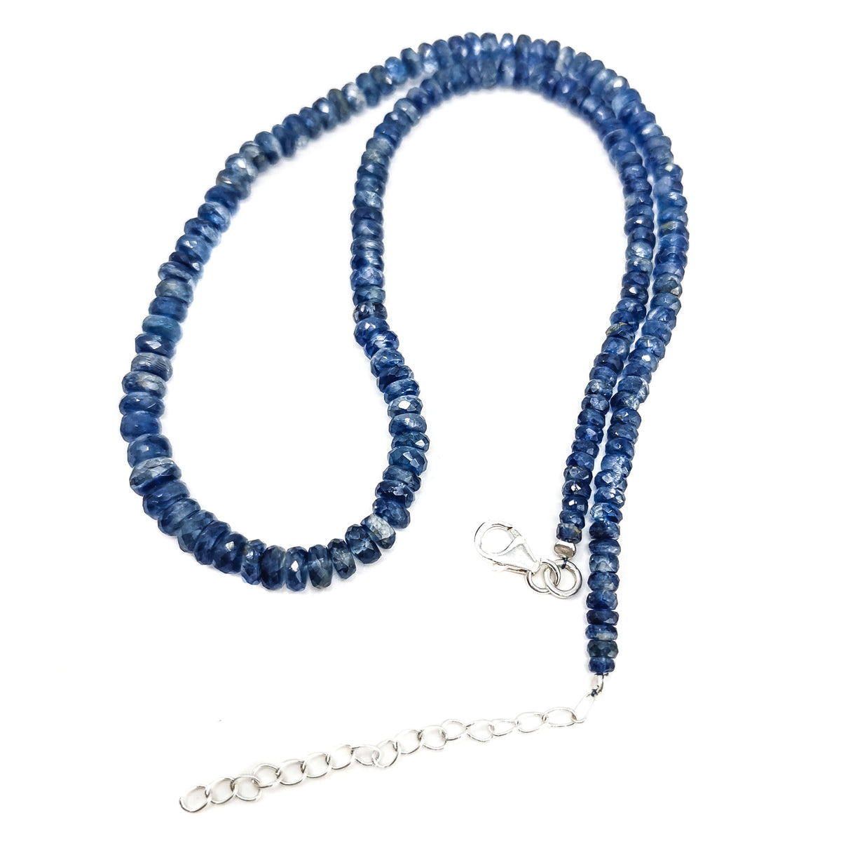Kyanite facet bead necklace in sterling silver and steel wire.
