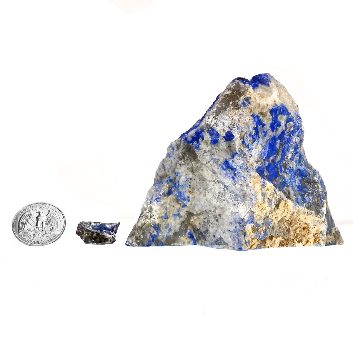 Lapis lazuli rough from Afghanistan – size range beside a coin for scale