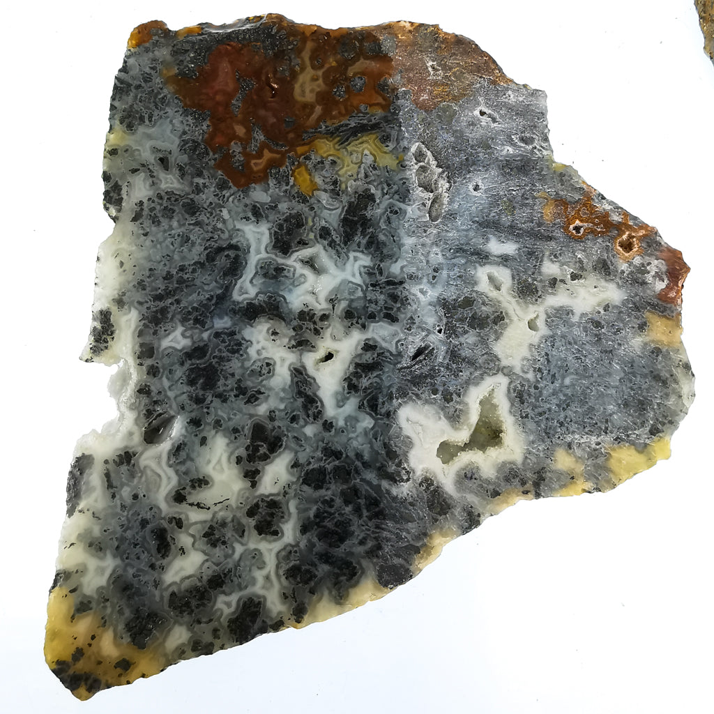 Marcasite in agate rough, Indonesia: polished face with metallic inclusions