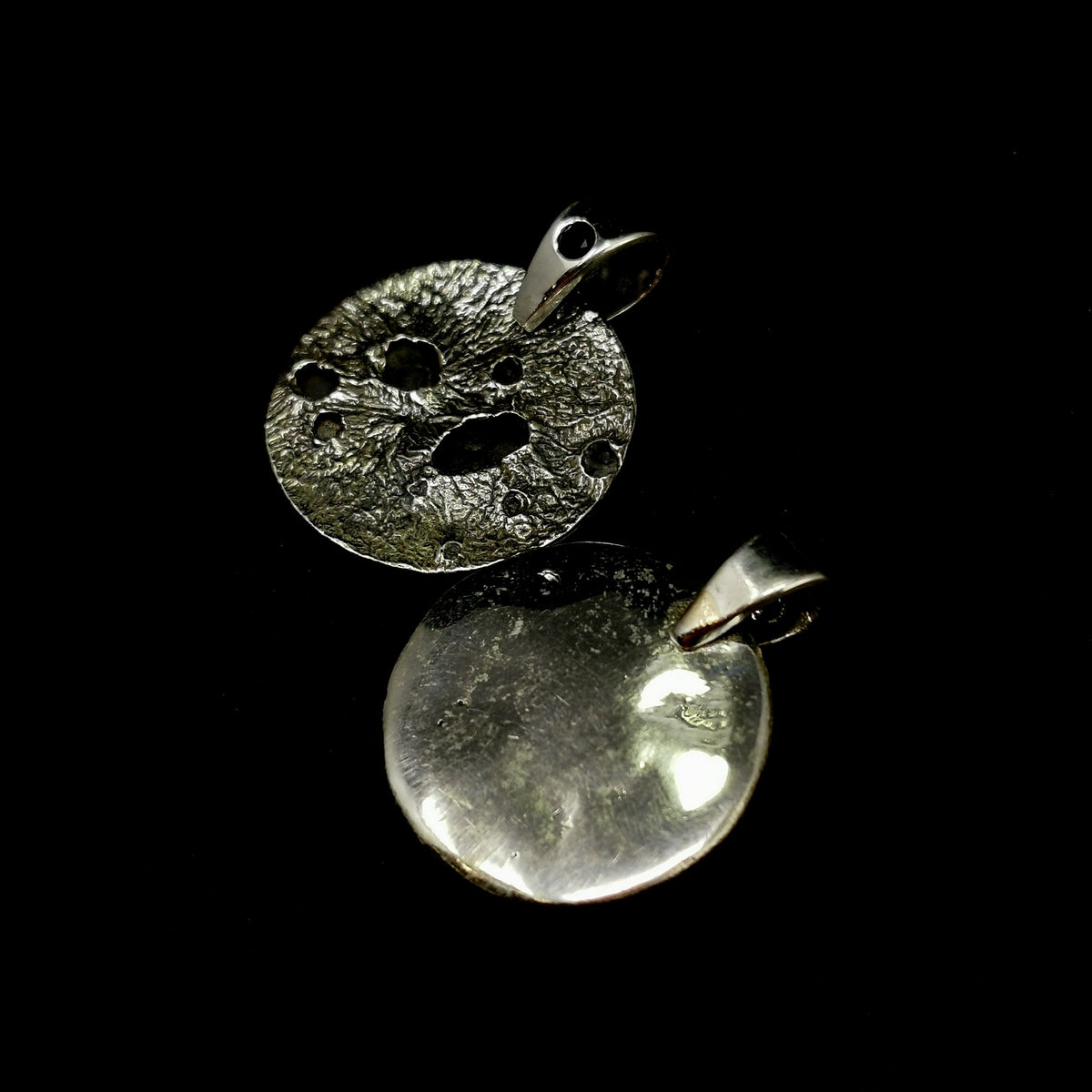 Broken Ox moon pendant, sterling silver: front and back