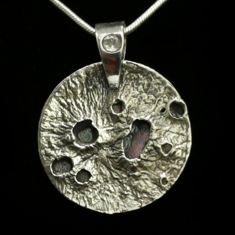 Broken Ox moon pendant, sterling silver: front, close view