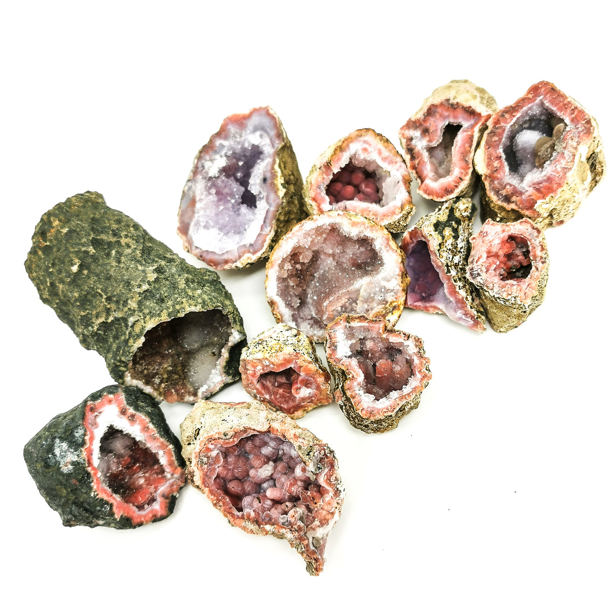 Pink amethyst geode, Morocco: group of geodes