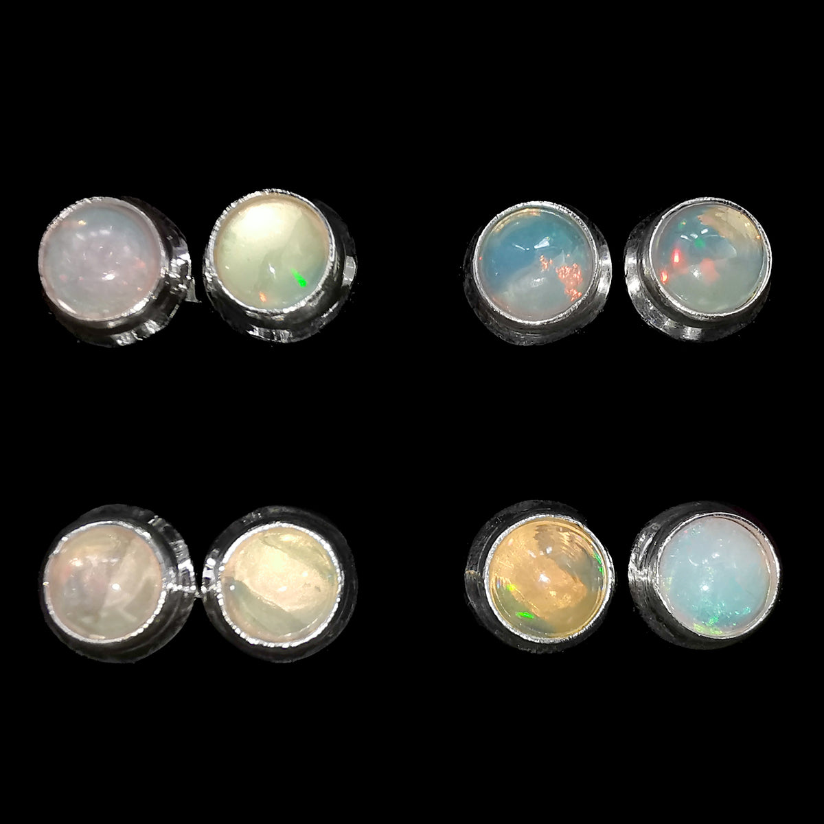 Ethiopian opal round stud earrings – four pairs in a grid
