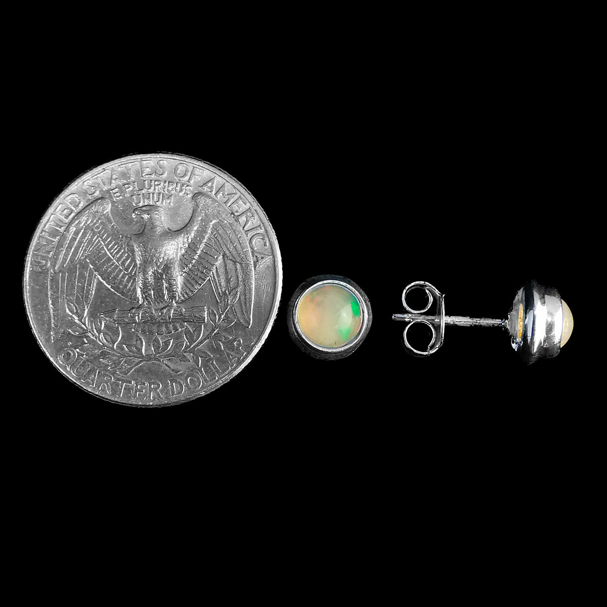 Ethiopian opal round stud earrings – pair beside a coin for scale