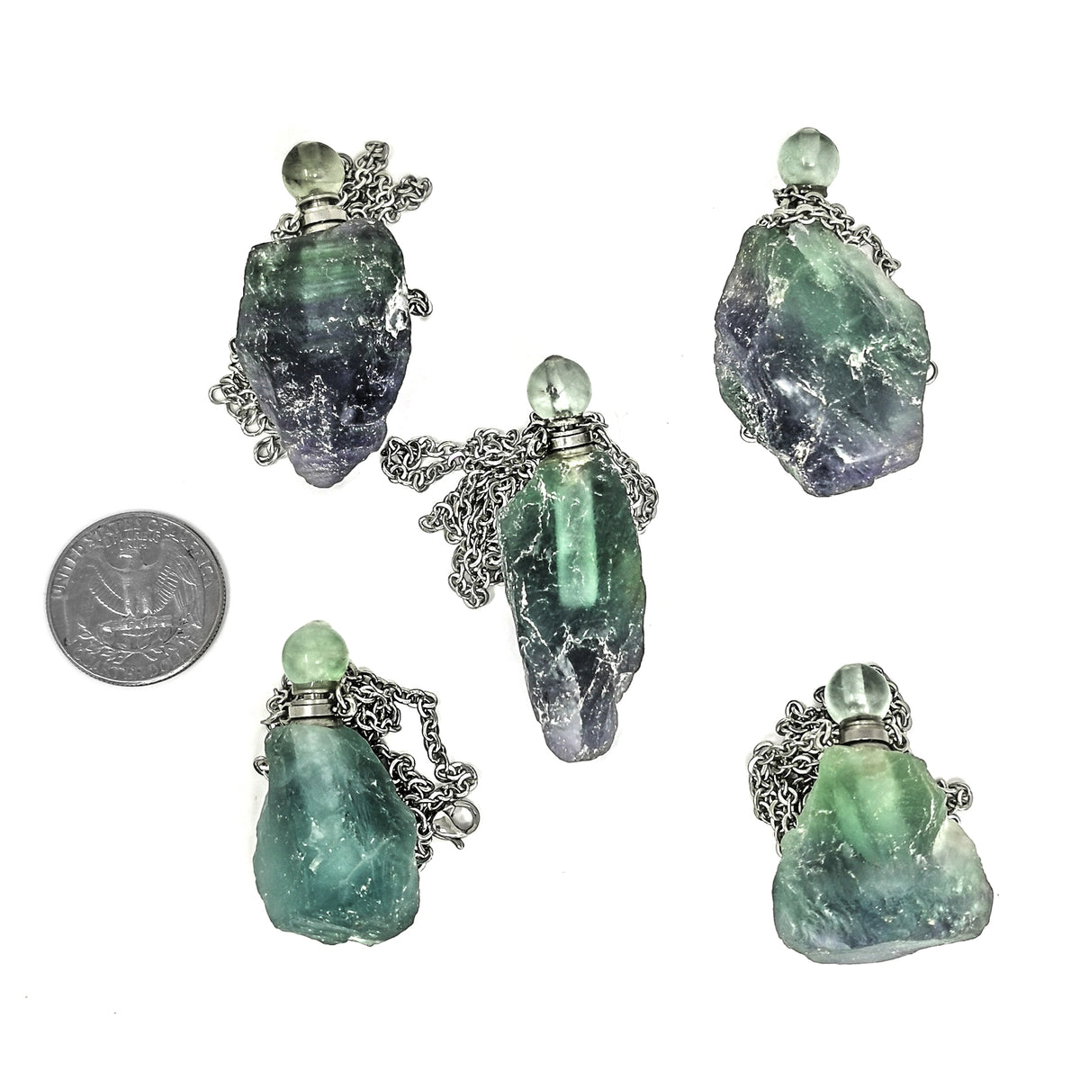 Raw Stone perfume bottle pendant in plated steel with Fluorite.