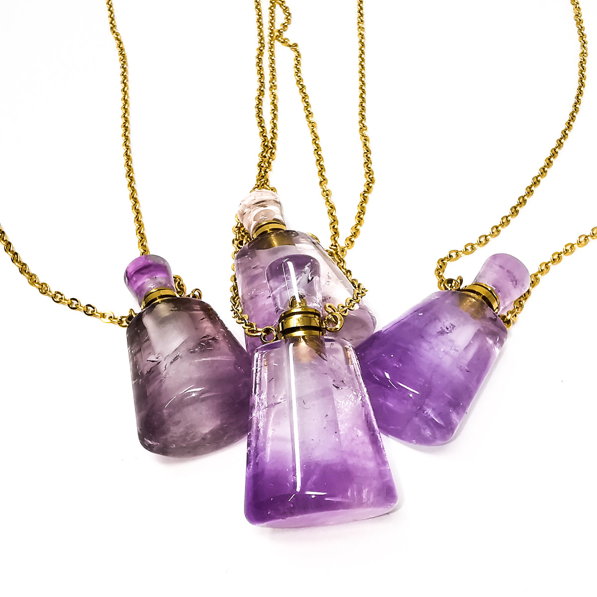 Perfume Bottle Oval pendant in plated steel with Amethyst.