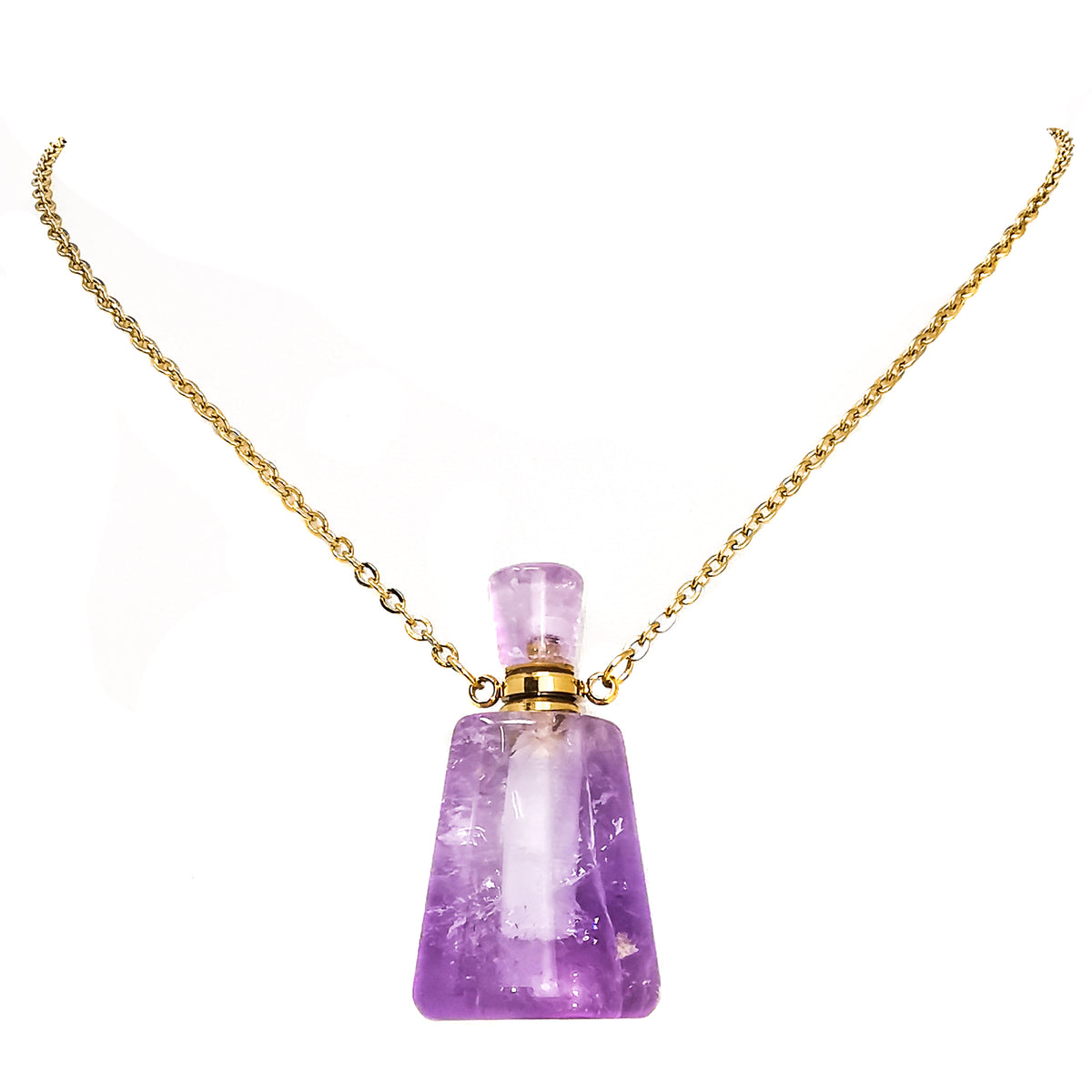 Perfume Bottle Oval pendant in plated steel with Amethyst.