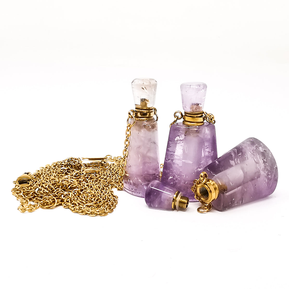 Perfume Bottle Oval pendant in plated steel with Amethyst.