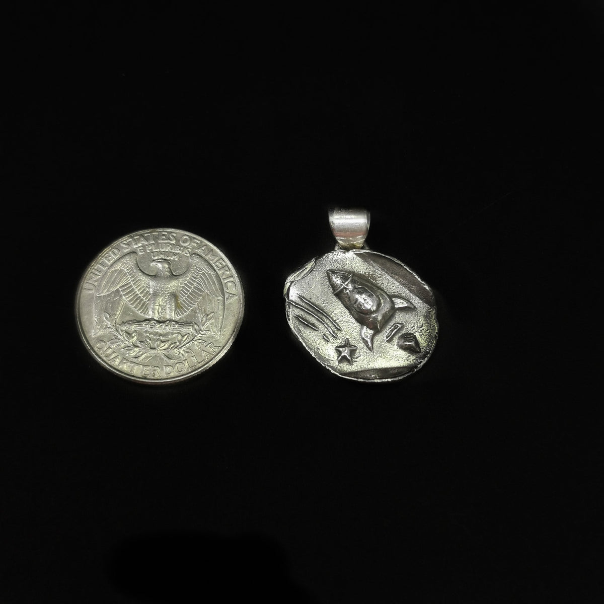 Rocket Ship & Shooting Star pendant in oxidized sterling silver.
