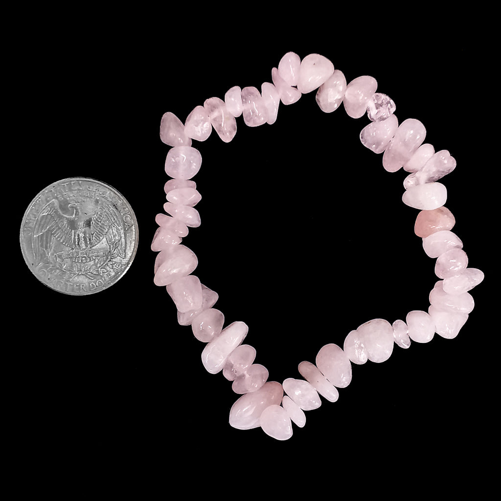 Rose quartz chip bead bracelet – bracelet beside a coin for scale