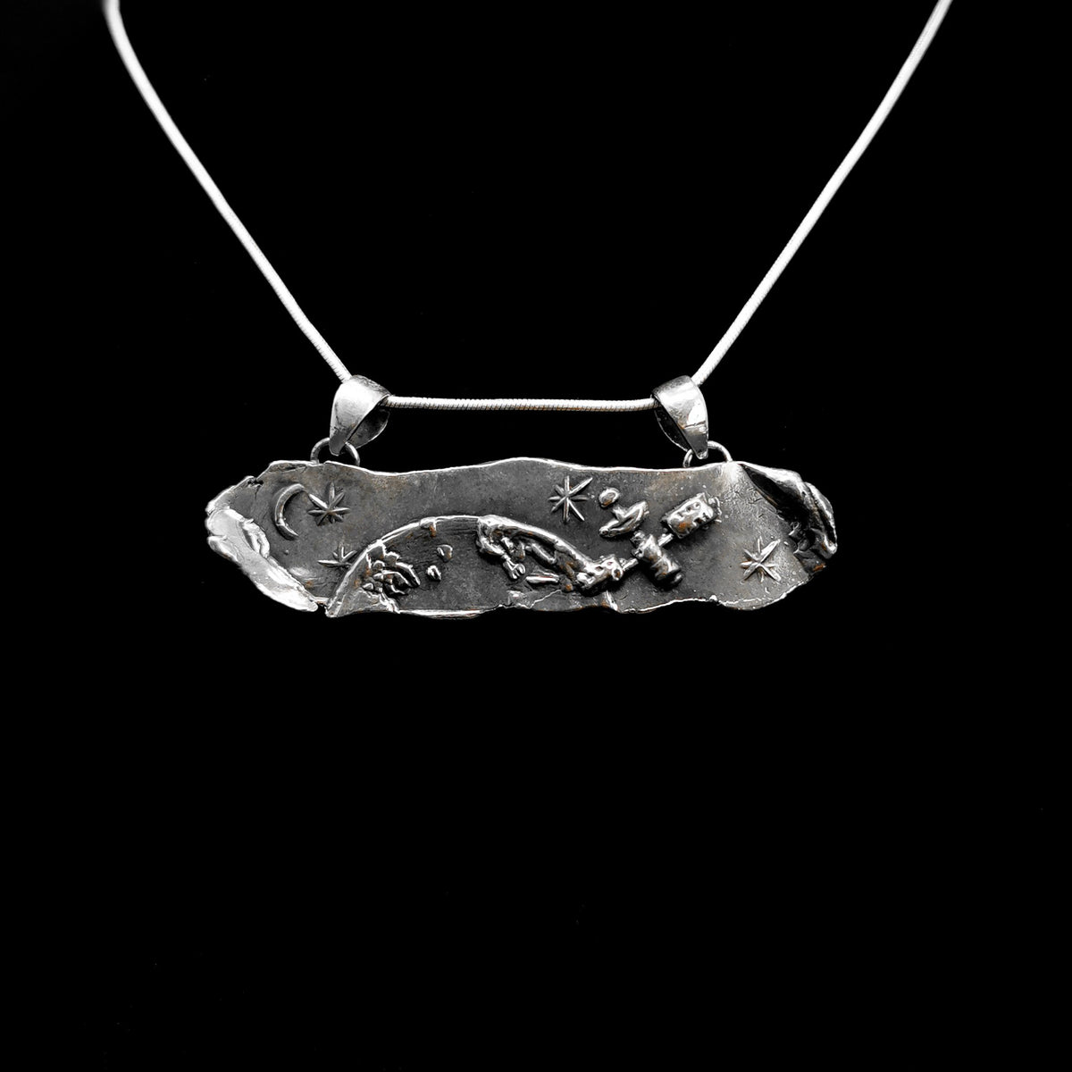 Satellite over Earth pendant: pendant on chain angled