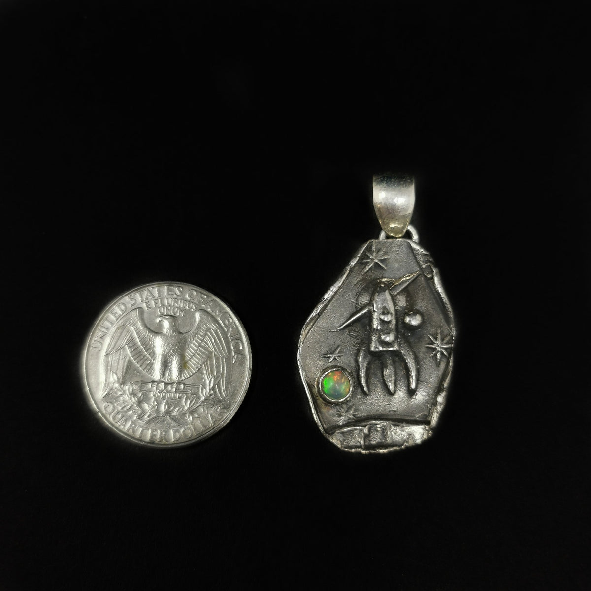 Rocket Ship Over Saturn pendant in sterling silver with Ethiopian Opal.