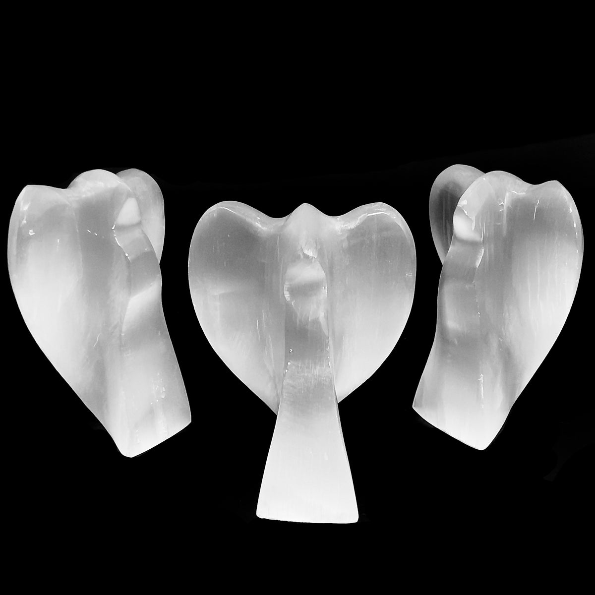 Selenite angel carving from Morocco – three angels, front view