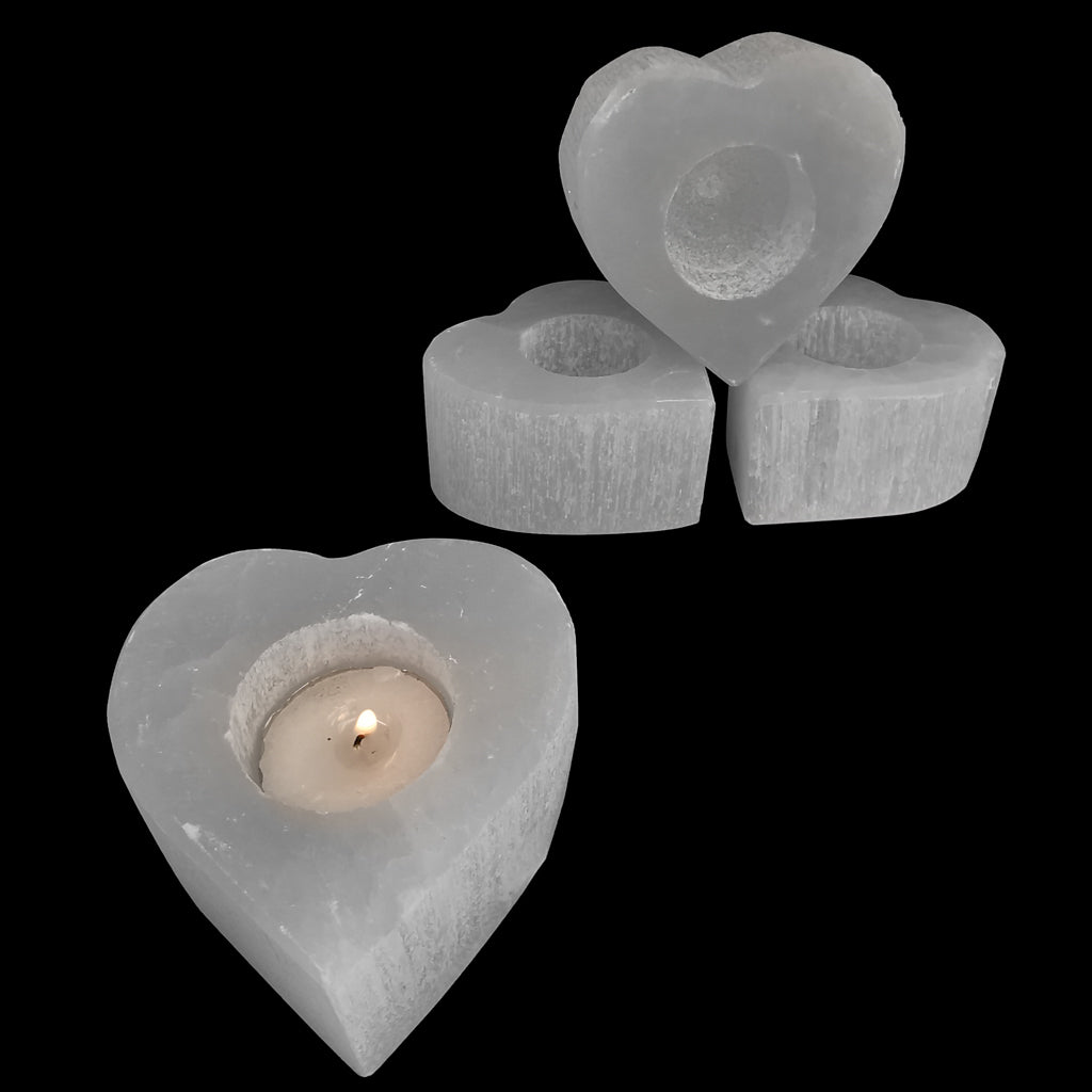 Selenite heart candle, a variety of gypsum, from Morocco.