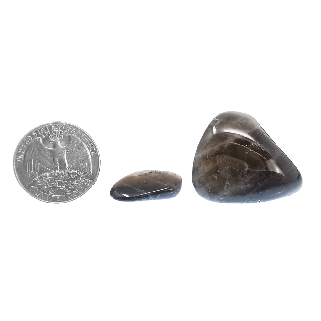Smoky quartz tumble – tumbles beside a coin for scale